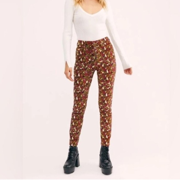 Free People Sun Chaser Floral Cream High Rise Button Fly Corduroy Retro Pants 25 - Picture 2 of 16